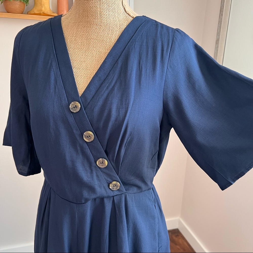Navy Blue Button Surplice Open Back Romper - Picture 3 of 11